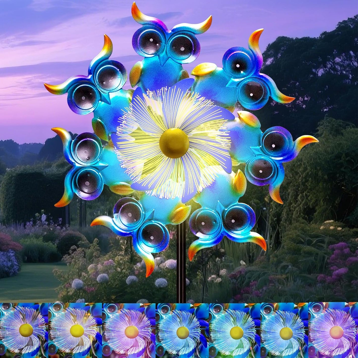 Solar Owls Wind Spinners for Yard and Garden,51 Inch Solar Windmill Seven Color LED Light Whirligig Kinetic Spinner to Scare Birds Decor for Lawn, Patio,Owl Gift Metal Wind Outdoor Sculpture