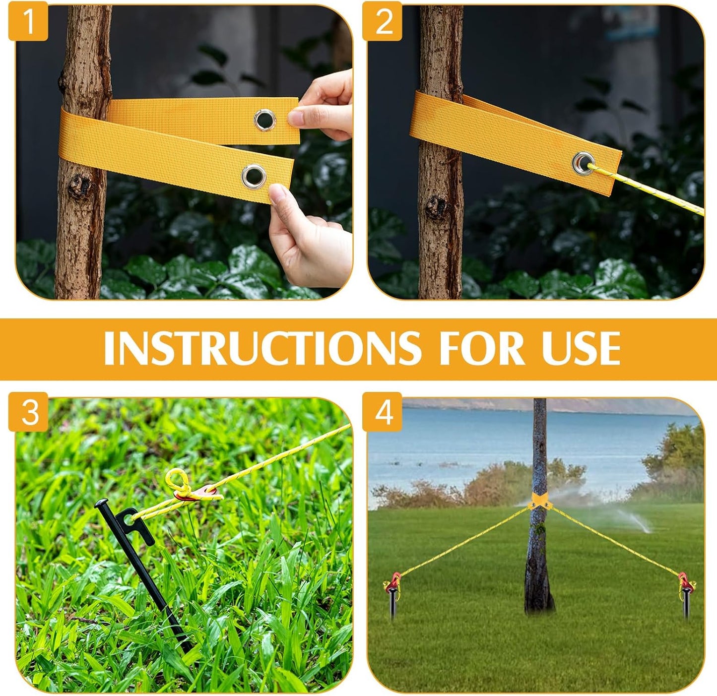 Sintuff 36 Pcs Heavy Duty Tree Stake Kits Stake and Support for Young Leaning Tree Anchor Straightening Kit, 15.8'' Support Straps, 11.8'' Steel Stakes, 13.12ft Rope(Yellow)