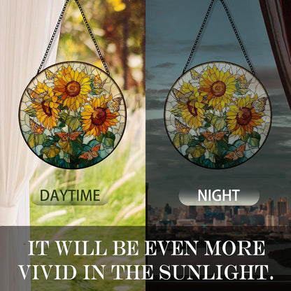 Sunflower Butterfly Suncatcher Stained Glass Garden Window Hanging, Sunflower Sun Catchers Indoor Window Glass Round Wall Decor, Cottagecore Summer Floral Wall Art Hanging Decorations, ＂7.8x7.8＂