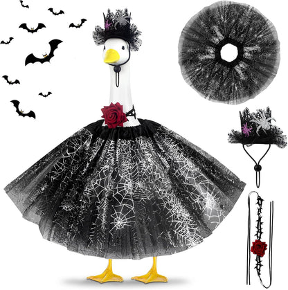 Halloween Porch Goose Outfits and Goose Clothes Fits 23" Plastic Cement Statues, Black Goose Outfit Costume with Rose Necklace for Outdoor Patio Yard Lawn Party