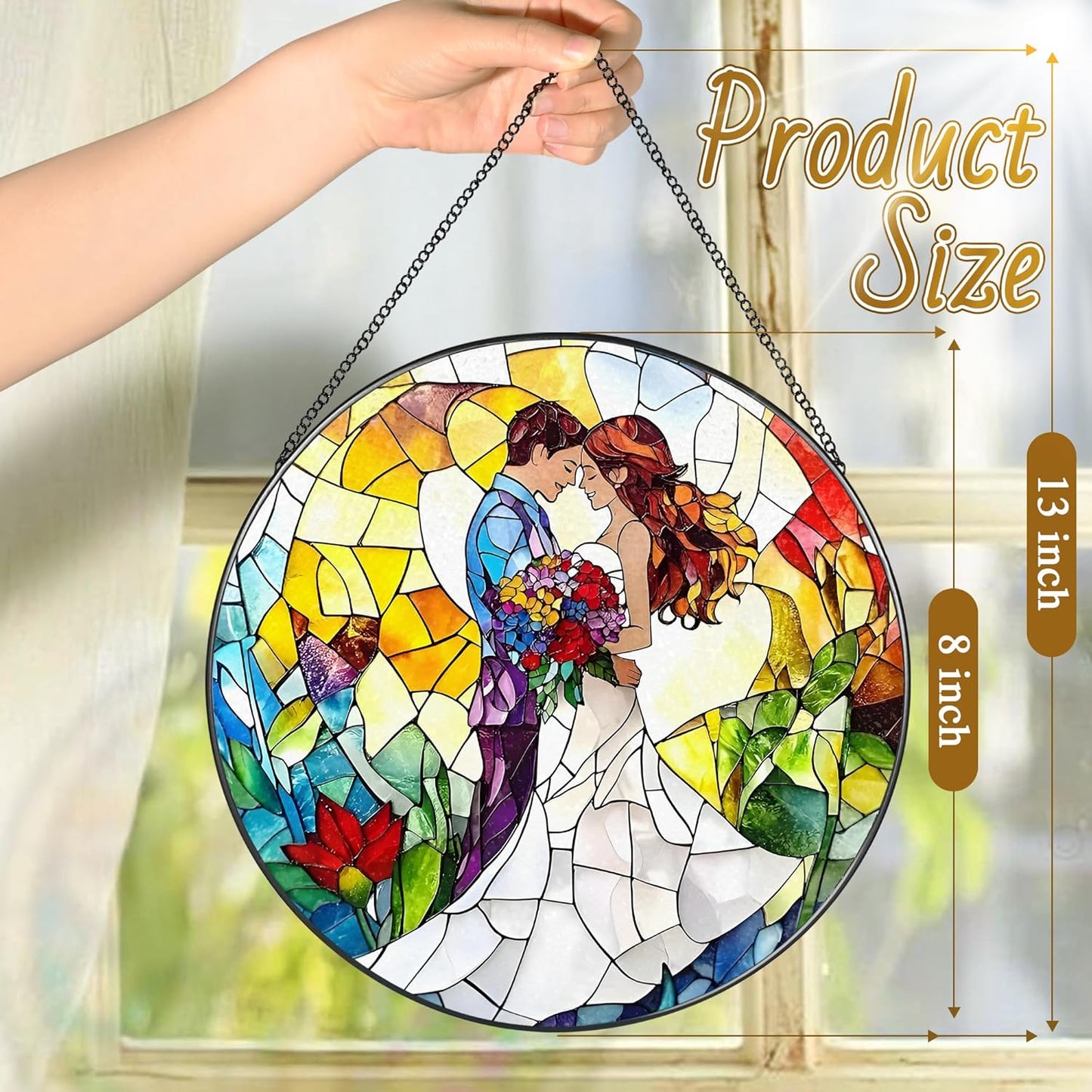 8'' Romantic Couple Wedding Sun Catcher Ornament, Stained Glass Window Hanging, Suncatchers for Windows Hanging Ornaments, Window Decor | Ideal Gift, Wedding Gift, Gifts for Couple & Newlywed