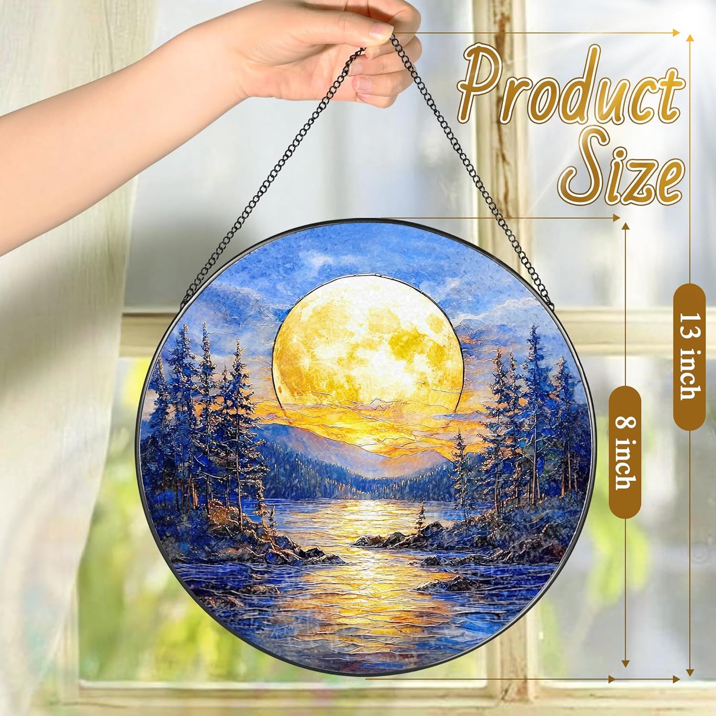 8'' Full Moon Over Forest Lake Suncatcher Ornament, Stained Glass Window Hanging, Sun Catchers for Windows Hanging Ornaments, Window Decor | Gifts for Christmas, Birthday, Father's Day