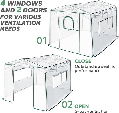 11'x 8.5'x 7.4' Walk-in Greenhouse for Outside & Indoor with 2 Roll-up Zipper Doors, 4 Ventilated Mesh Windows, Patio Plant Gardening Greenhouse for Backyard
