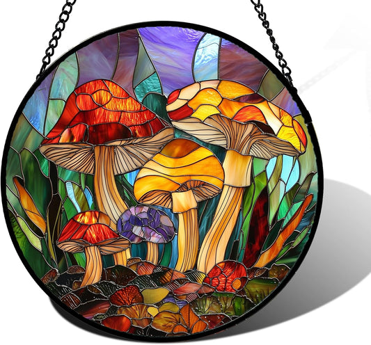 Stained Glass Window Hanging, Jungle Mushrooms Sun Catchers Diamond Glass Panel Hangings Plant