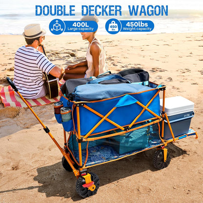 Old Bahama Bay 400L Collapsible Double Decker Beach Wagon with Brakes, Folding Beach Cart with 54" Extra Long Decker, 450LBS Heavy Duty Wagon Chart with All-Terrain Big Wheels for Sand Camping Garden