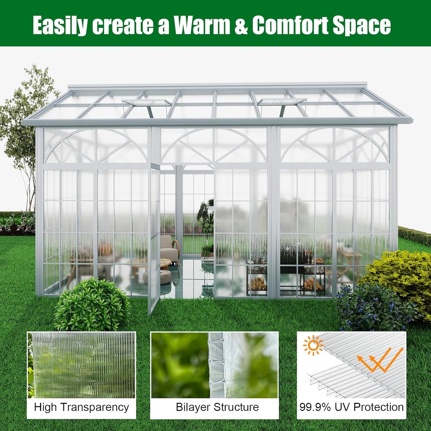 Polycarbonate Greenhouse Panels 5 Pack 4' x 2' x 0.24" Twin-Wall UV-Protected All Weather Plastic Roof Panel Clear Replacement Sheets for Garden Fences, Furniture DIY,Outdoor Roofing