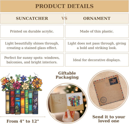 Flower and Books Bookish Acrylic Suncatcher Stained Glass Effect Window Car Hanging Christmas Ornament Indoor Outdoor Decor Garden Bookworm Sun Catcher Book Lover for Women Mom Grandma