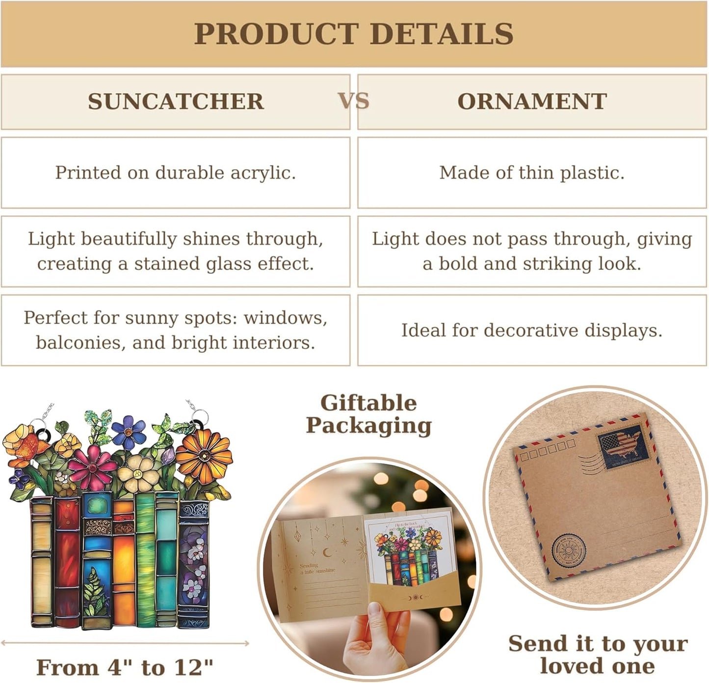 Flower and Books Bookish Acrylic Suncatcher Stained Glass Effect Window Car Hanging Christmas Ornament Indoor Outdoor Decor Garden Bookworm Sun Catcher Book Lover for Women Mom Grandma