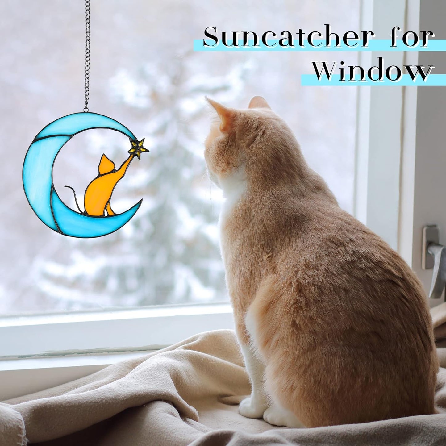 Stained Glass Cat on Moon Pick Star Window Hanging Suncatchers Memorial Gift Decor for Women (Orange Cat on Blue Moon)