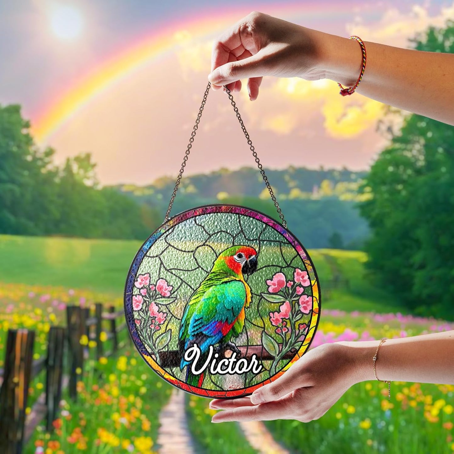 Parrot and Flowers Stained Glass Suncatcher Art Glass Bird and Flower for Sun Catcher Indoor Window Gift for Pet Animal Nature Floral Lover Women Mom Friend Painted Panel Décor