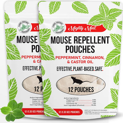 Mighty Mint Mouse Repellent Pouches – Peppermint, Castor Oil & Cinnamon Formula – Natural Indoor Deterrent for Mice and Rodents – Plant-Based, Long-Lasting Protection – 12 Count (Pack of 2)
