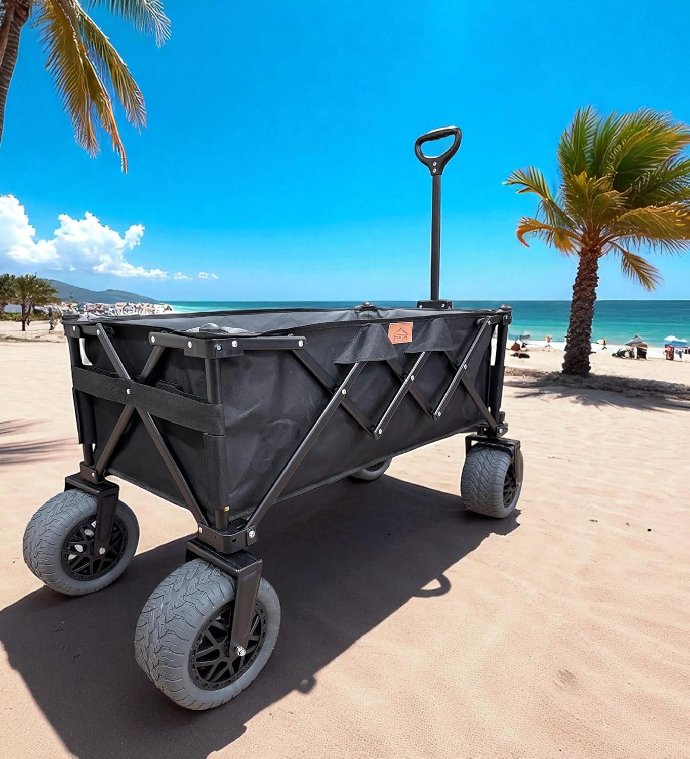 Folding Beach Wagon with Big All-Terrain Wheels for Off-Road Use (Sand/Gravel/Camping Trails) Extra Large Utility Cart with 9" Heavy-Duty Rubber Tires [Outland-XL by Stratton Forge] Black