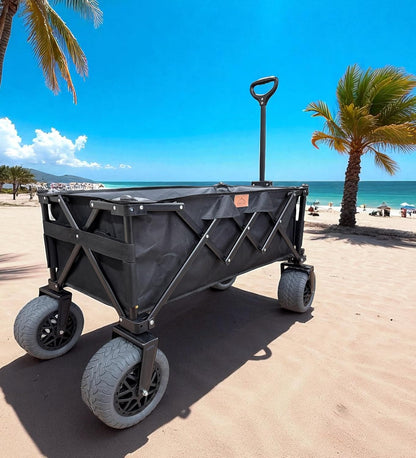 Folding Beach Wagon with Big All-Terrain Wheels for Off-Road Use (Sand/Gravel/Camping Trails) Extra Large Utility Cart with 9" Heavy-Duty Rubber Tires [Outland-XL by Stratton Forge] Black