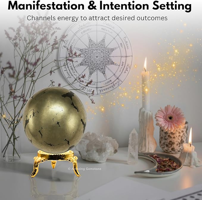 Amazing Gemstone Pyrite Crystal Ball with Stand - 2 Inches Crystal Sphere Meditation Balls for Witchcraft and Decorative Balls