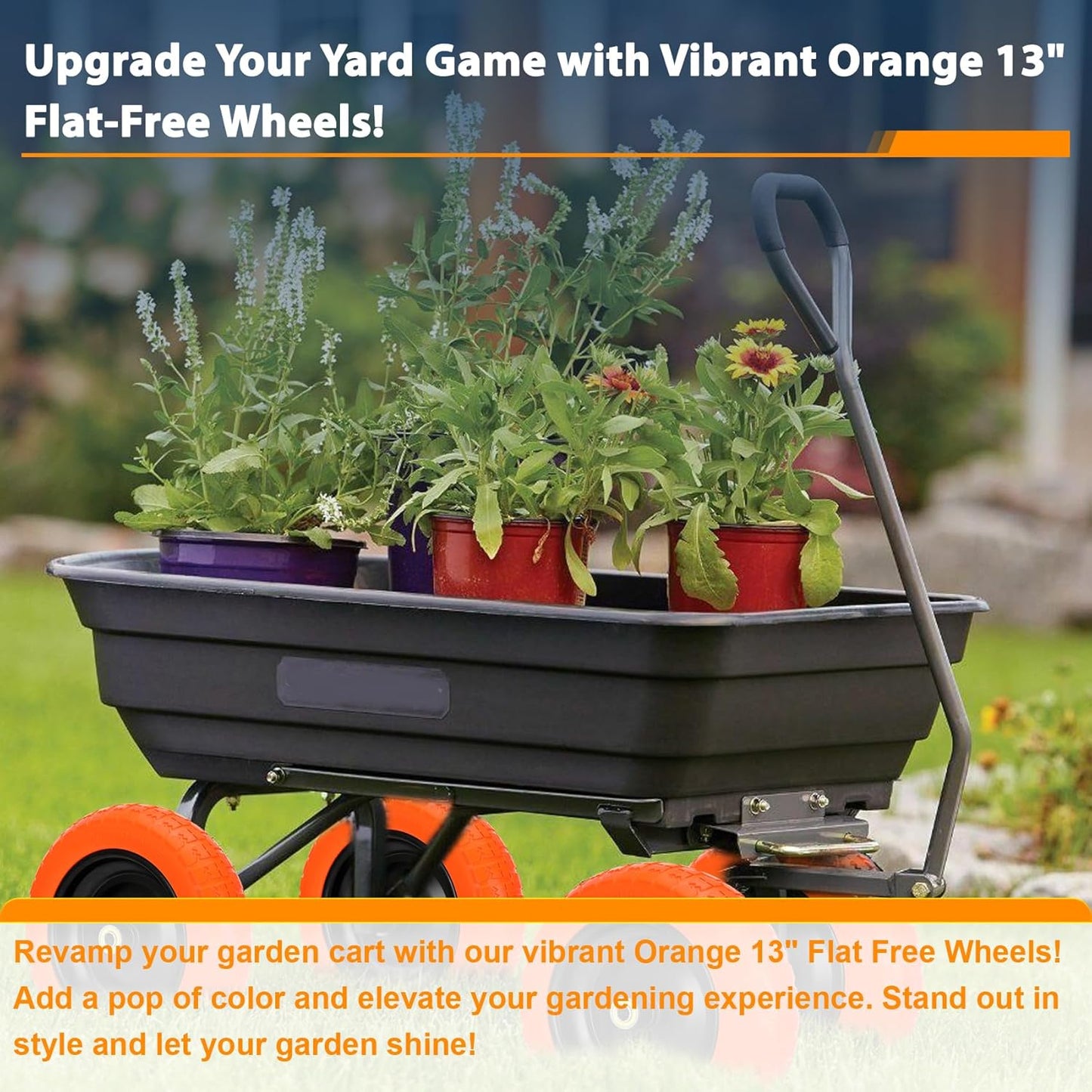 13" Flat Free Wheels Replacement for GOR Garden Cart Tires and Wheels, 4.00-6 Solid Tires and Wheels with 5/8"Bearings, 13" No Flat Wheels for GOR Garden Carts/Hand Trucks/Garden Carts（Orange）