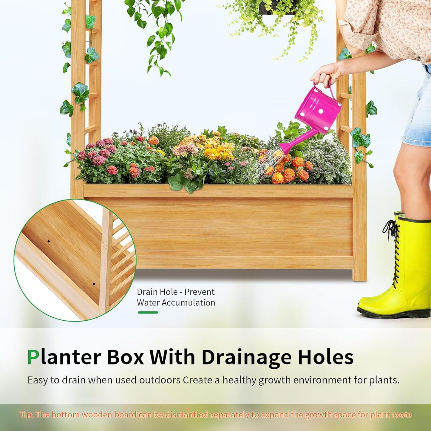 SUNYRISY Raised Garden Bed with Trellis, Wooden Vertical Planter Box with Trellis Outdoor for Climbing Plant Vine Flowers Vegetables, Planter Raised Bed with Hanging Roof and Drainage Holes