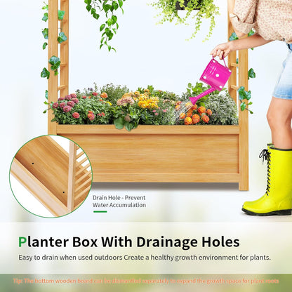 SUNYRISY Raised Garden Bed with Trellis, Wooden Vertical Planter Box with Trellis Outdoor for Climbing Plant Vine Flowers Vegetables, Planter Raised Bed with Hanging Roof and Drainage Holes