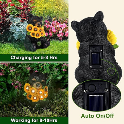 Solar Garden Decor Black Bear Outdoor Statue, Outdoor Patio Sculpture Decor LED Lights Gifts for Mom or Daughter, Garden Statues Birthday Gifts for Women Home and Yard