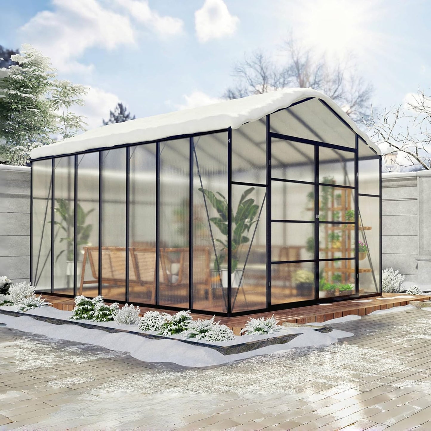 92in High 10*14FT Greenhouse for Outdoors,Polycarbonate Greenhouse with Stronger Wind Protection and Roof Vent,Walk-in Large Aluminum Sunroom Winter Proof,Black