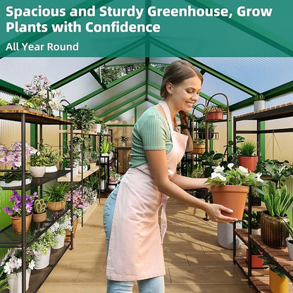 8x12 ft Greenhouse, Large Aluminum Greenhouses for Outdoors, Heavy Duty Polycarbonate Greenhouse with Roof Vent, Walk-in Green Houses for Winter Garden, Backyard, Patio, Lawn, Easy Assembly