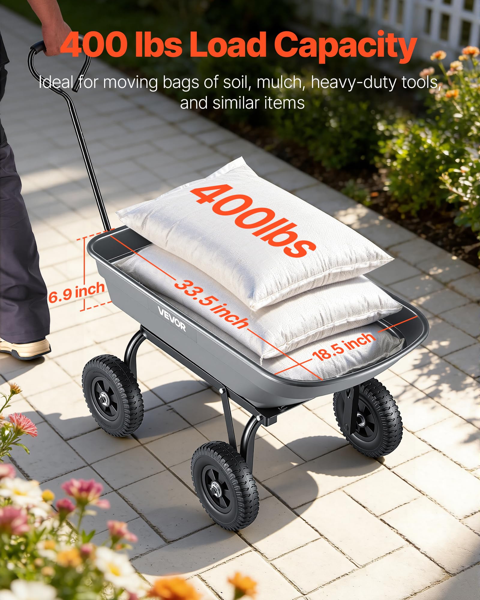 VEVOR 400LBS Wheelbarrow, Poly Garden Dump Cart Wagon with 8" Flat Free Tires, Heavy Duty Wheel
