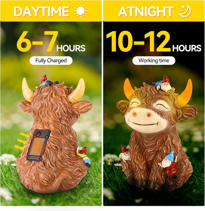 Solar Garden Statue Highland Cow Figurine with Funny Gnomes Garden Outdoor Decor for Yard Patio Lawn Christmas Housewarming Gifts for Women,Mom,Grandma (Brown)