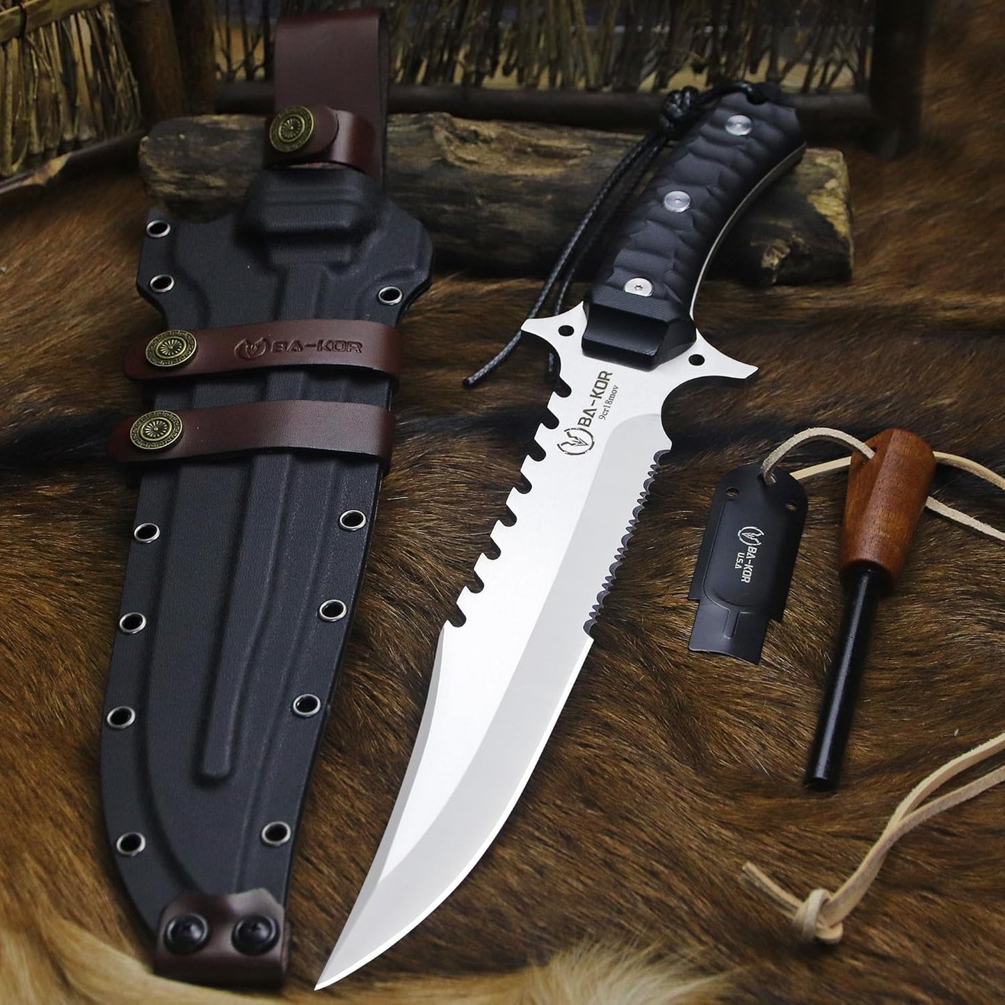BA-KOR (15.8 inches) 5mm full Tang 9CR18MOV steel nylon fiber handle Bowie knife + sheath + (5.9 inches) cerium element striker, suitable for outdoor hunting, camping, survival, and daily carry of tools. (Sanding I (Half Teeth))