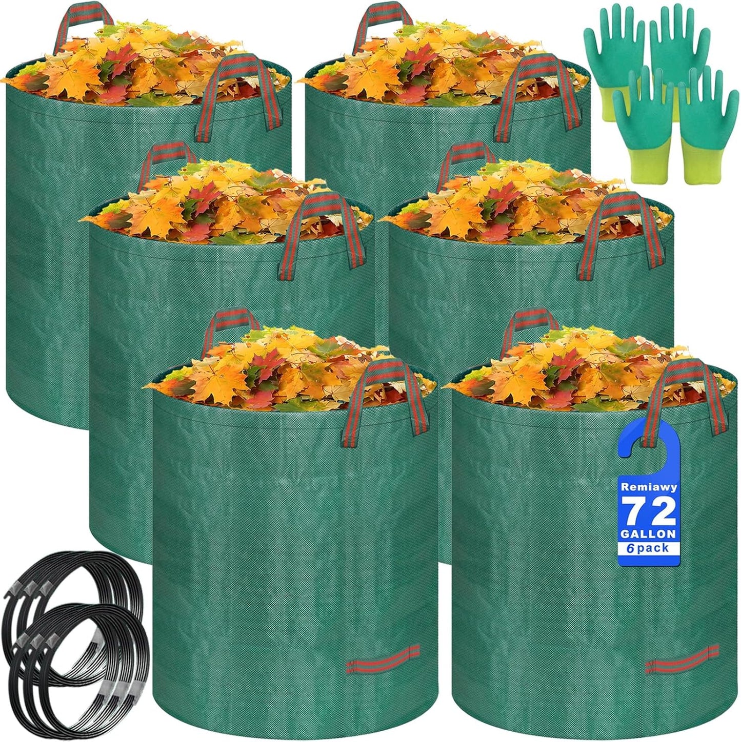 Reusable Yard Waste Bags, 72 Gallon Lawn and Leaf Bags, 6 Pack Garden Weed Bag, Standable&Collapsible Outdoor Trash Bags with 4 Handles, Camping Yard Recycling Heavy Duty Bags with 2 Pair of Gloves