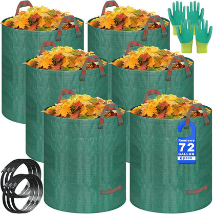 Reusable Yard Waste Bags, 72 Gallon Lawn and Leaf Bags, 6 Pack Garden Weed Bag, Standable&Collapsible Outdoor Trash Bags with 4 Handles, Camping Yard Recycling Heavy Duty Bags with 2 Pair of Gloves