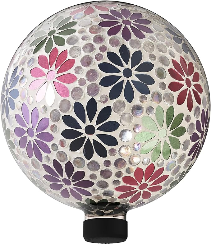 Alpine Corporation 10" Diameter Indoor/Outdoor Glass Mosaic Gazing Globe Yard Decoration, Colorful Daisy Design