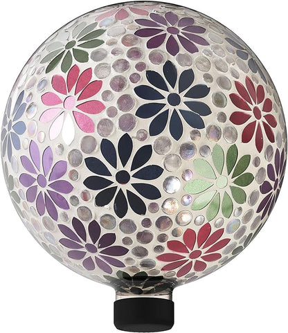 Alpine Corporation 10" Diameter Indoor/Outdoor Glass Mosaic Gazing Globe Yard Decoration, Colorful Daisy Design