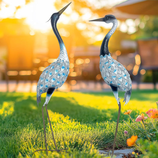 HONGLAND Garden Crane Statues Blue Heron Sculptures for Outdoor Metal Large Birds Lawn Ornaments