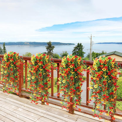 6 Pcs Artificial Fall Hanging Flowers Outdoor Silk Mum Plants Autumn Decor Faux Violet with Eucalyptus Realistic UV Resistant Trailing Vine Thanksgiving Porch Yard(Bright Color,Violet)