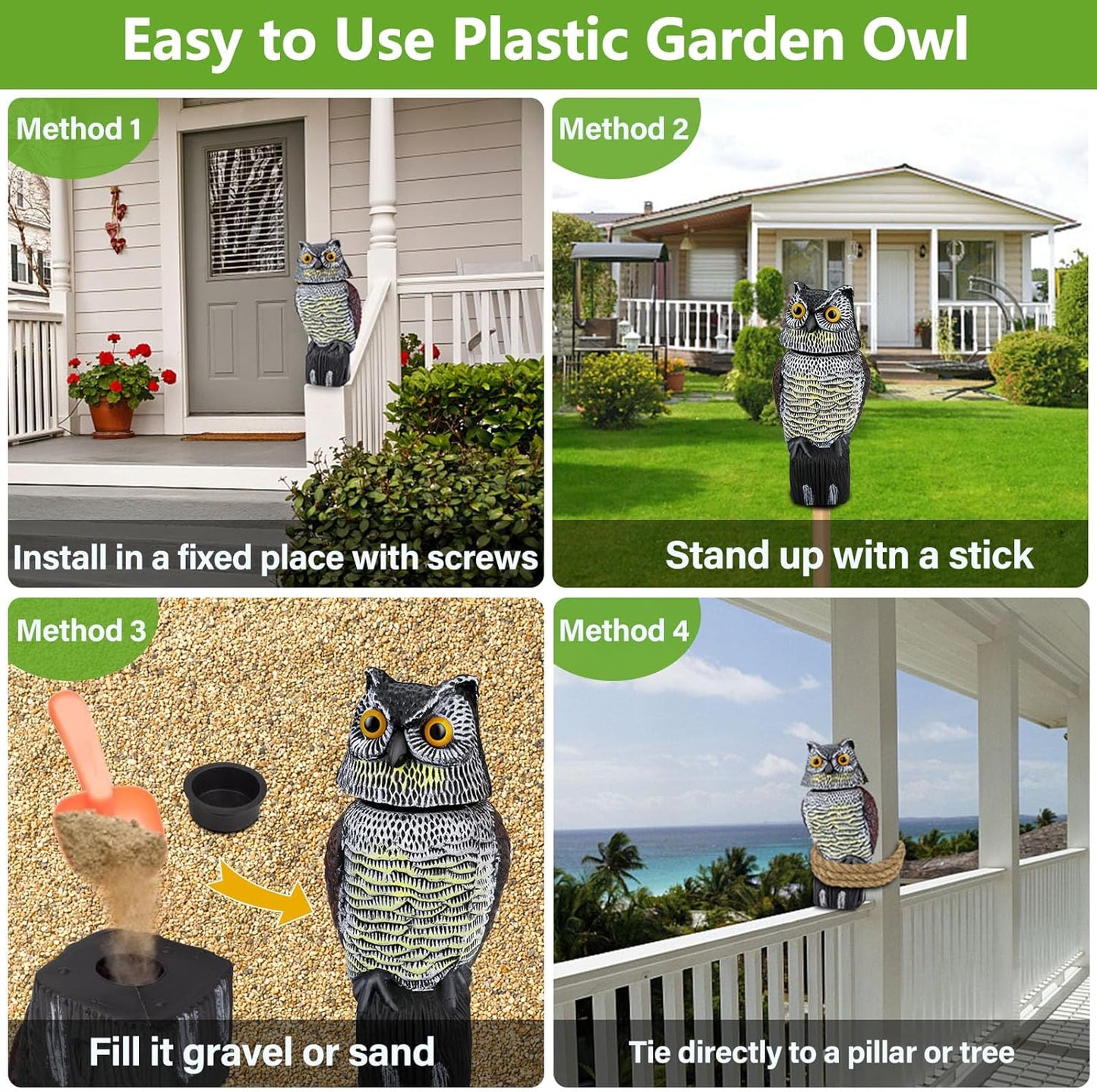 Owl Decoys to Scare Birds Squirrels Away, Rotatable Head Plastic Bird Deterrent, Waterproof Garden Owls Statue for Patio Yard Farm Protection Against Birds, Squirrels, Rabbits, Raccoons