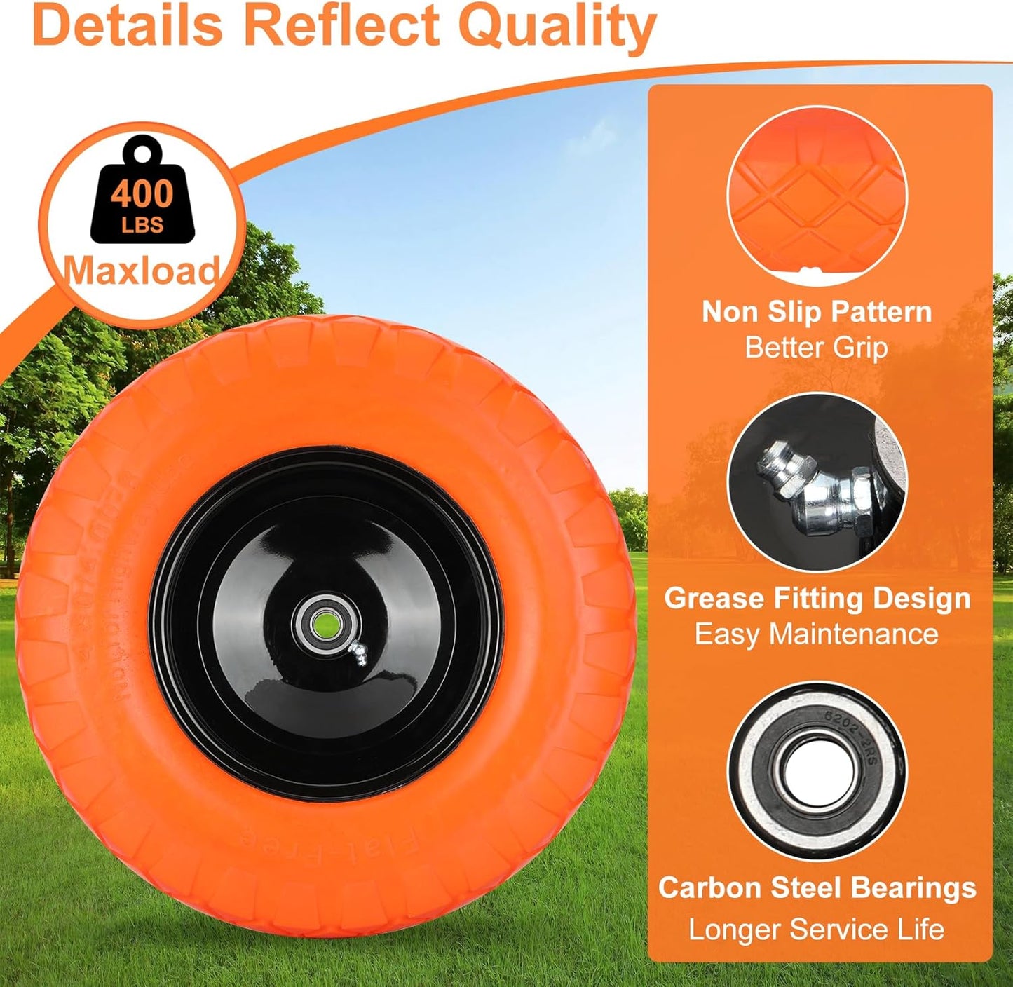 Upgraded 16" Flat Free Wheelbarrow Wheels and Tires, 4.80/4.00-8 Solid Tires with 5/8"&3/4" Bearings, Universal Fit for Wheelbarrows/Garden Trailer