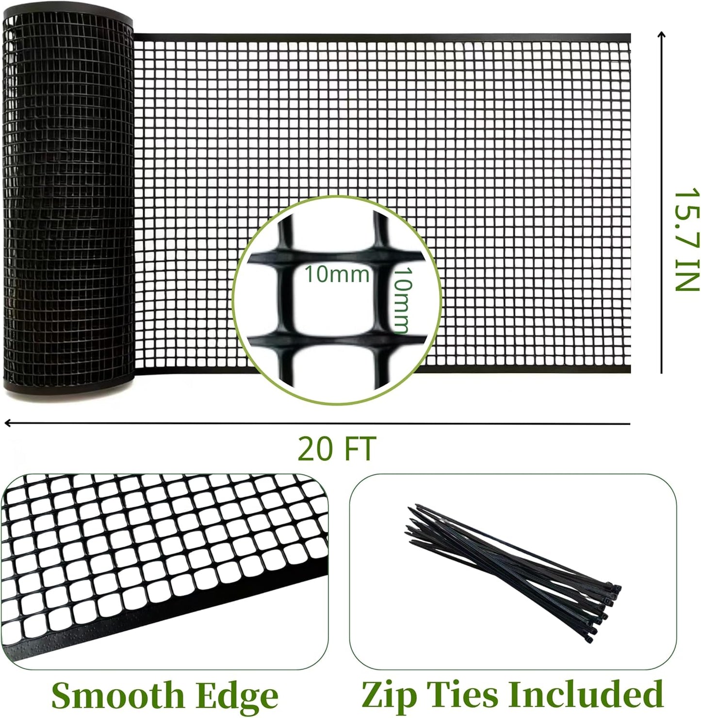 PotatoLife Plastic Wire Mesh Fence, Balcony Fence for Baby and Pets, Safety Fence, Stair Protector, Poultry, Garden, Tree Support, Durable Material, Free Zip Ties (Black, 15.7'' x 20')