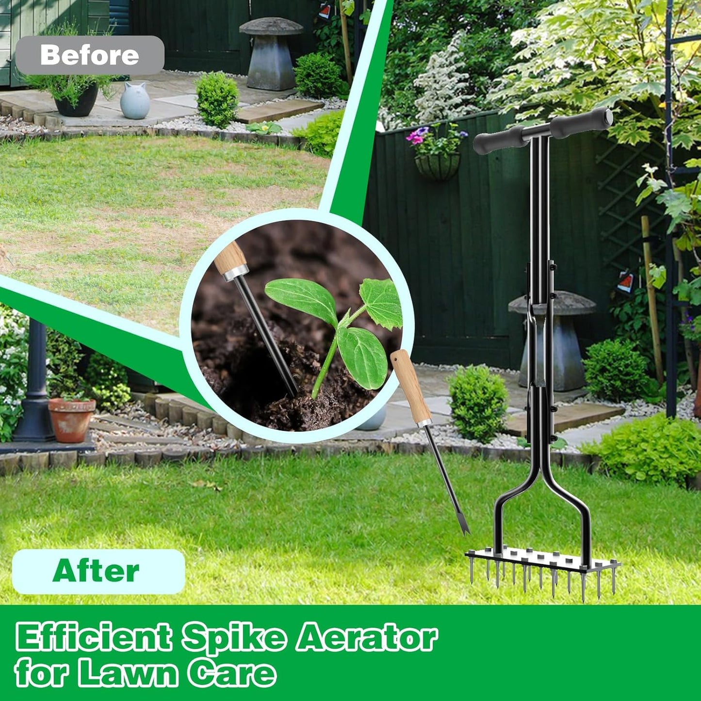 Lawn Aerator Spike Manual Tool with 15 Iron Spikes, Garden Grass Aeration Tools Hand Air Aerator & Clean Tool for Aerating Lawns & Yard Care, Loosening Soil, 36”