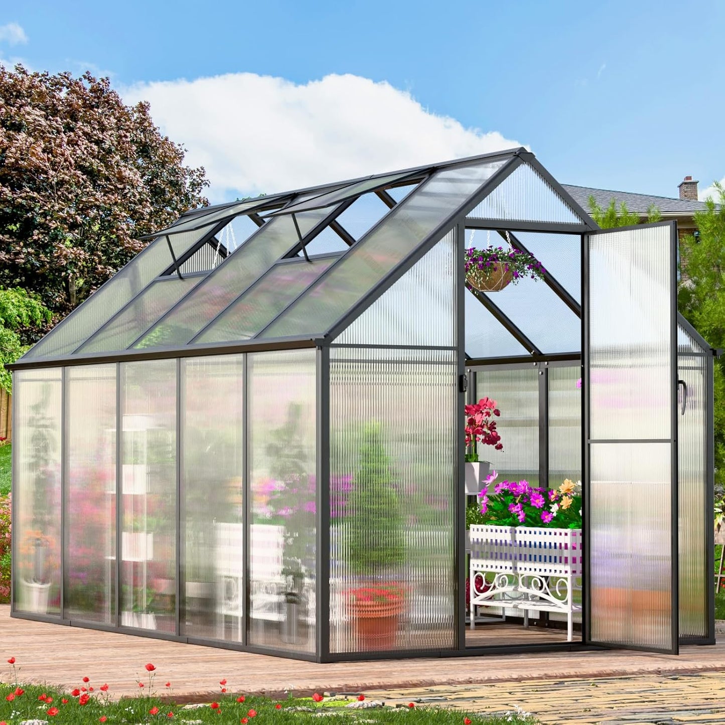 CDCASA 10.3x6.2 FT Greenhouse for Outdoors, Easy Assembly Thicker Aluminum Heavy Duty Polycarbonate Greenhouses Kit w/2 Vent Window, Swing Door, Walk-in Green House for Sunroom Patio,Backyard