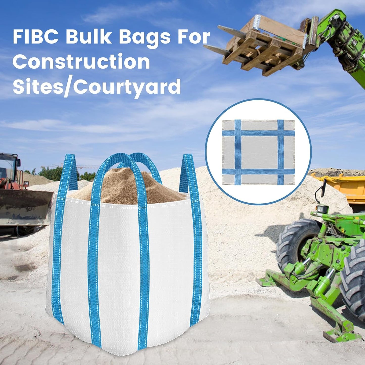 FIBC Bulk Bag, 2 Ton Bag, 35"L x 35"W x 43"H, 4400 lbs SWL, 6 Pack, Duffle Top Flat Bottom, Heavy Duty Woven Polypropylene Bags for Industry Construction