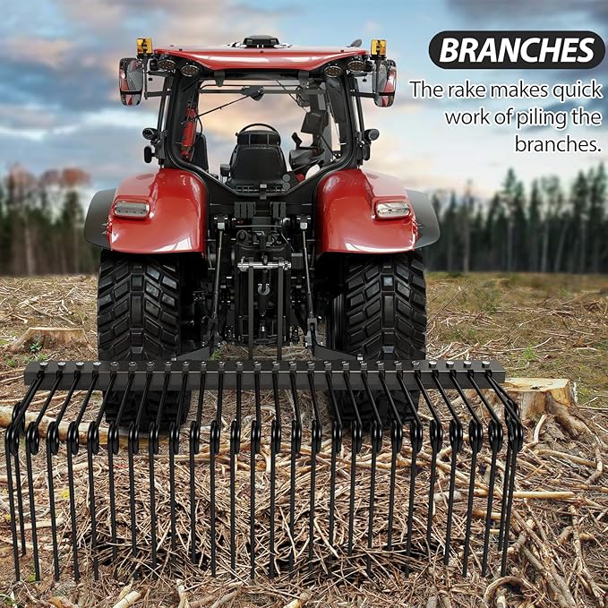 72 Inch 3 Point Tractor Rake, Pine Straw Needle Rake, Durable Powder Coated Steel Spring Landscape Rakes Fit for Cat0,Cat1,Black