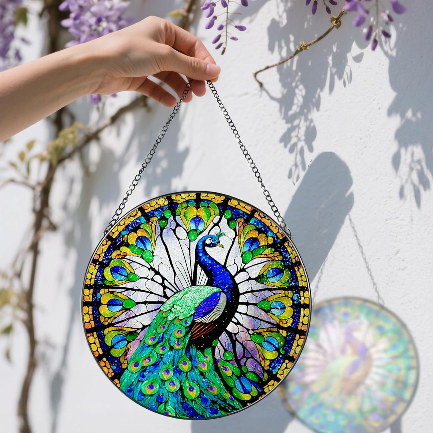 8 Inch Stained Glass Suncatcher Ornament, DOUHASU Peacock Sun Catchers Indoor Window, Stained Glass Window Hanging, Home Decor, Peacock Lovers for Mom, Grandma, Friend, Bestie, Couple