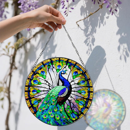 8 Inch Stained Glass Suncatcher Ornament, DOUHASU Peacock Sun Catchers Indoor Window, Stained Glass Window Hanging, Home Decor, Peacock Lovers for Mom, Grandma, Friend, Bestie, Couple