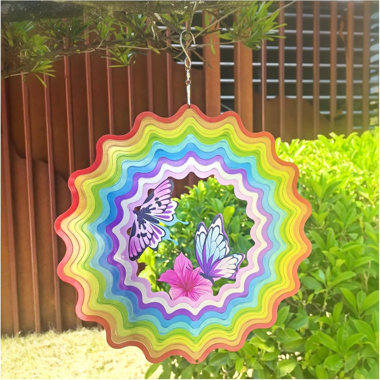 Butterfly Wind Spinner Outdoor Mental Kinetic Wind Spinner for Yard and Garden Rainbow Gifts Hanging Lawn Ornaments 3D Visual Effect(12''-1pc, Butterfly Rainbow)