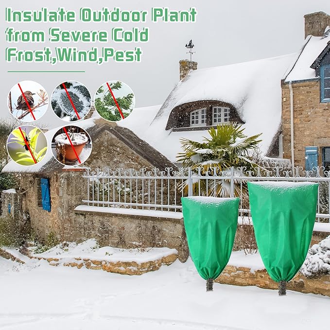 4 Pcs Plant Covers Freeze Protection Reusable Plant Protector with Zipper and Drawstring, Winter Bush Covers Freeze Protection from Cold Sun Frost Wind (Green)