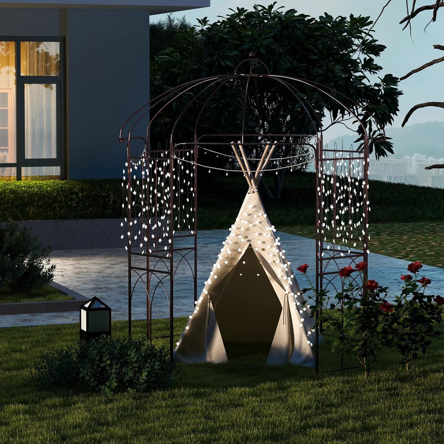 Moccha Birdcage Shape Garden Arch, 8.4’ H x 7’ W Pergola Pavilion Arch for Climbing Plants, French Style Gazebo with 16 Ground Stakes, Outdoor Metal Garden Arbor for Wedding Party Decoration, Bronze