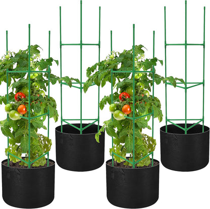 4 Packs 47 x 12 Inch Garden Tomato Cages with Grow Bags- Triangle Plant Support Trellis Assembled with Planter Bags- Garden Cucumber Vegetables Frames for Vertical Climbing Plants