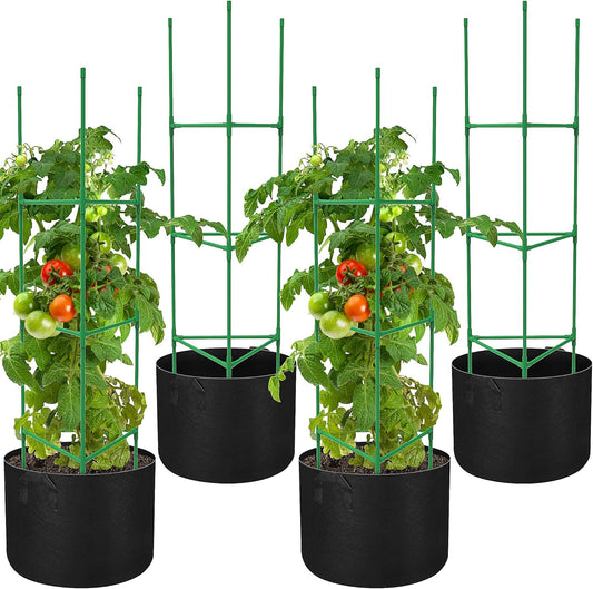4 Packs 47 x 12 Inch Garden Tomato Cages with Grow Bags- Triangle Plant Support Trellis Assembled