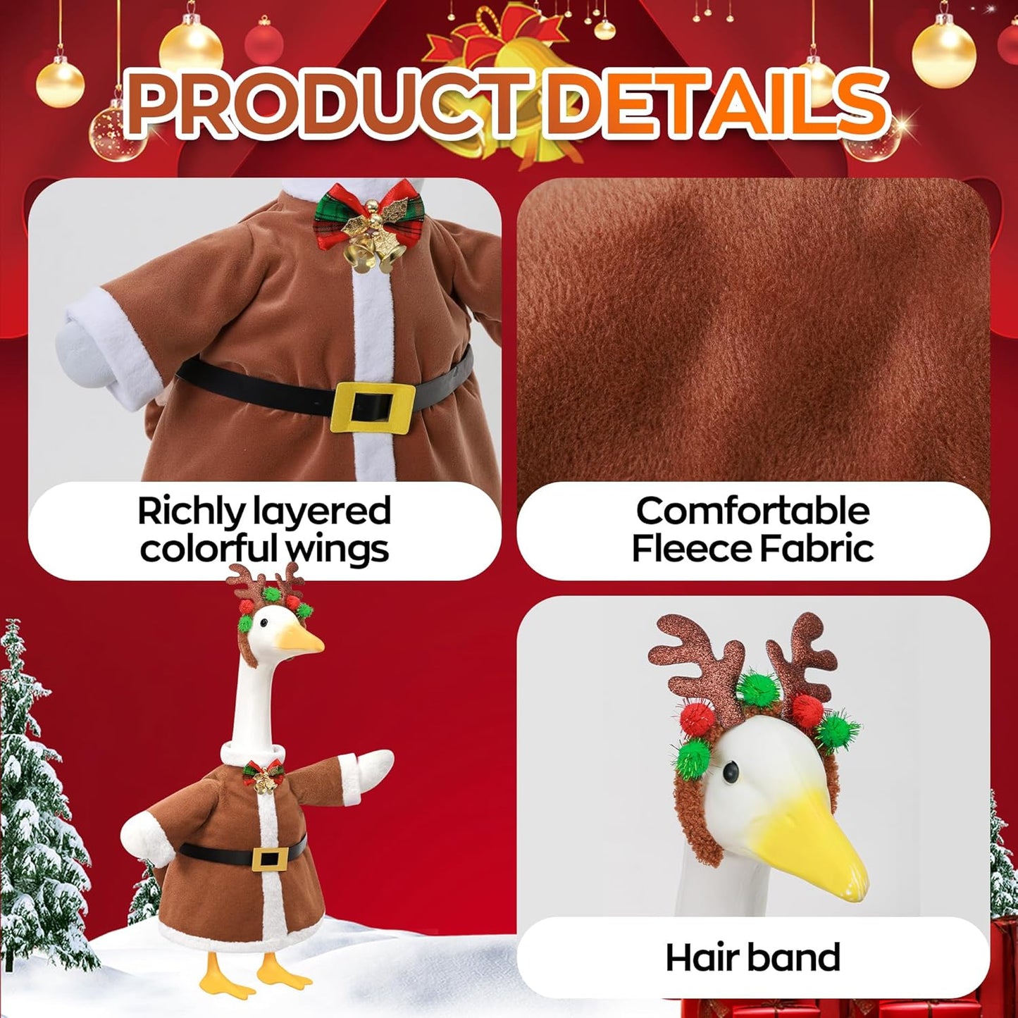 Christmas Porch Goose Outfit for Large 23" High Cement or Plastic Goose Statue, Yard Goose Cloths with Deer Antler Headband, Bell Bow Tie Decor for Outdoor Lawn Gaden Patio