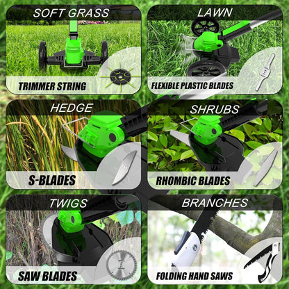 Electric Cordless Weed Wacker Eater Battery Powered Weed Trimmer with 2 21V/2.0Ah Battery Operated & Wheels & Charger & 5 Types Blades, No-String Brush Cutter/Grass Trimmer/Lawn Edger for Garden Yard