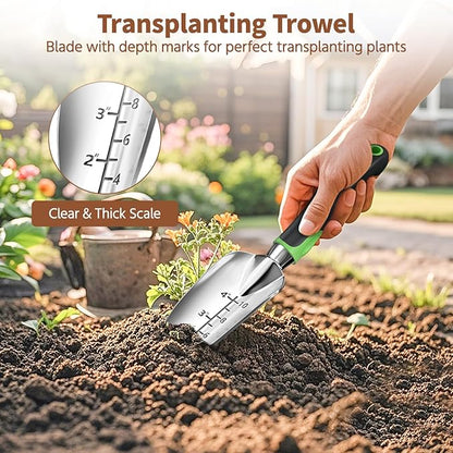 LASZOLA 3 Piece Garden Tool Set Include Hand Trowel Rake and Transplant Shovel for Women, Indoor Heavy Duty Small Spade Kit with Ergonomic Handle to Weed and Loosen, for Mom and Plant Beginner, Green